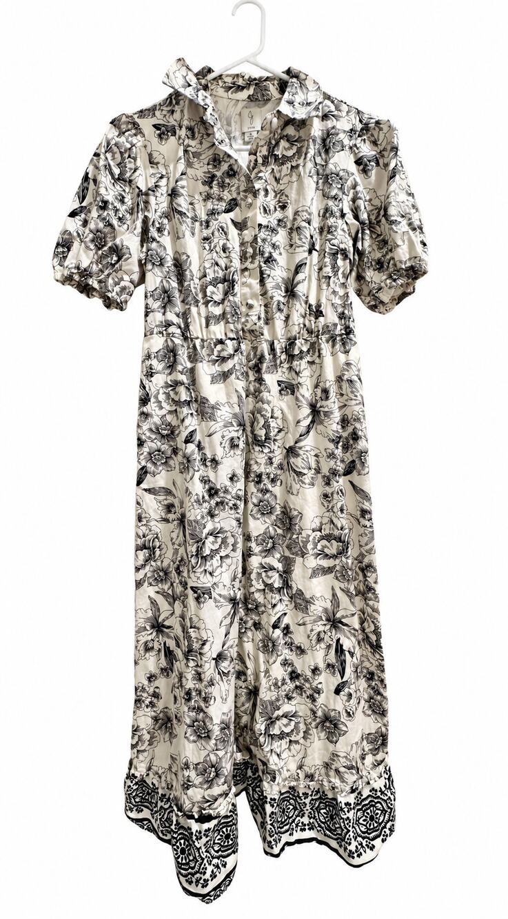 Joie Floral Toile Midi Shirt Dress Size 8 Black White Puff Sleeve No Belt